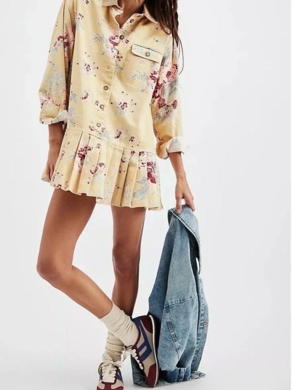 Free People Yellow Floral Pleated-Hem Shirt Dress - Picture 3 of 4